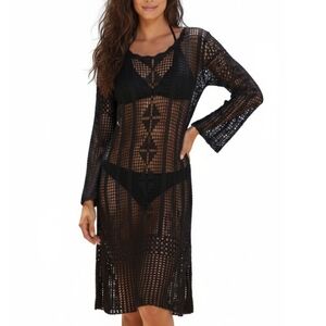 ​🖤 Chic Black Crochet Long Sleeve Swim Cover-Up Dress